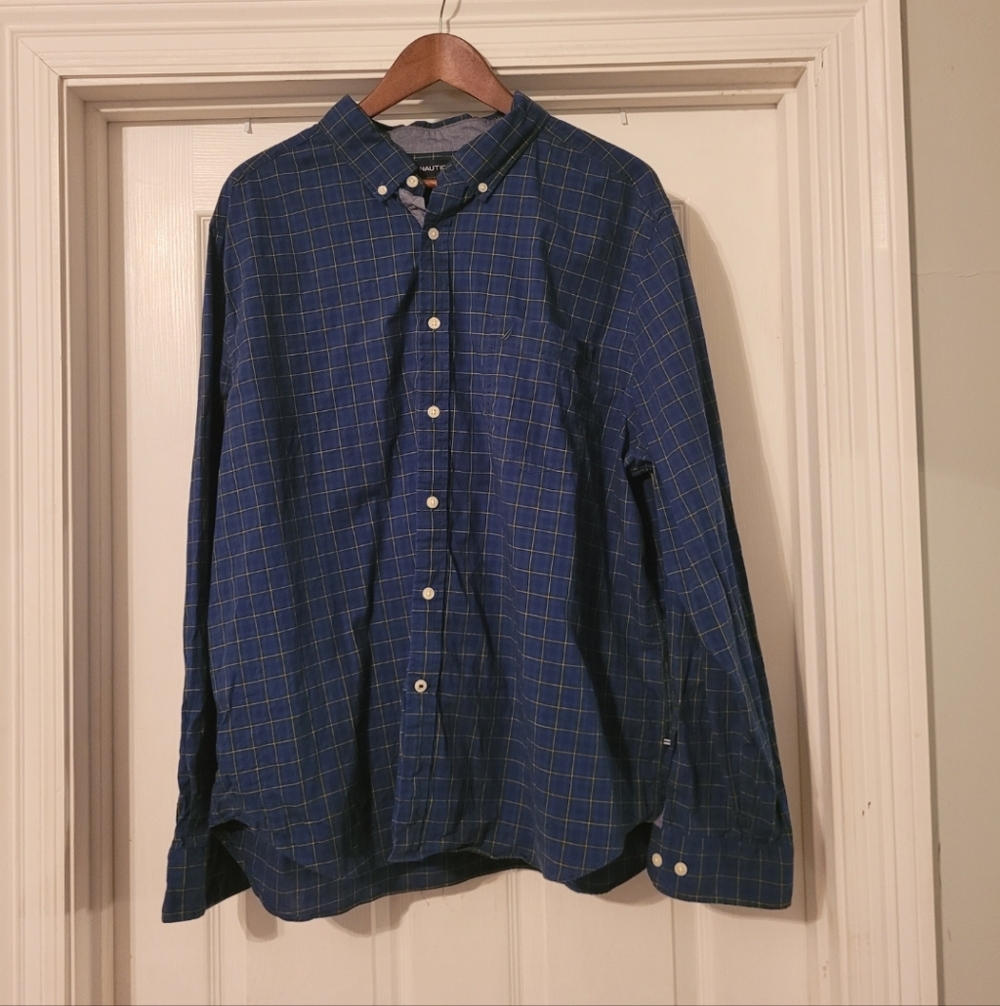 Nautica Navy Blue Plaid Men's Button Down Shirt Size Xxl